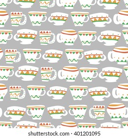 Seamless pattern. Different ceramic cups with colorful ornament. Vector illustration. Flat style