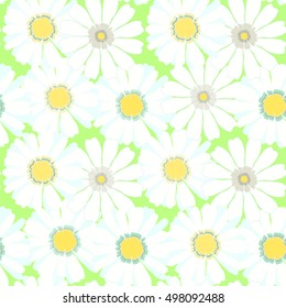 seamless pattern with different chamomiles on a green background vector illustration