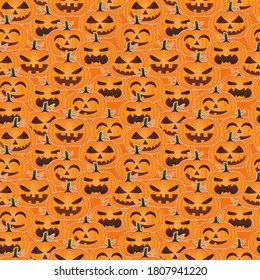 Seamless pattern of different character face of pumpkin Halloween. jack-o-lantern vector with orange background for seasonal holiday. Spooky emotion smile illustration of decor on October event