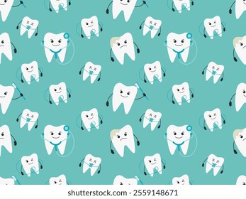 Seamless pattern with different characters of cartoon teeth, with braces, dirty teeth, happy tooth with dental floss. Vector illustration is perfect for background, wrapping paper, children's dental