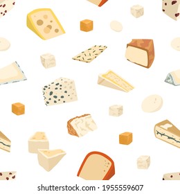 Seamless pattern with different cheese slices on white background. Endless repeatable gourmet food texture with brie, camembert, cheddar, gouda and mozzarella pieces. Colored flat vector illustration