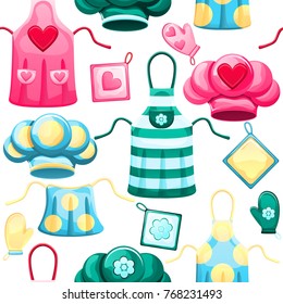 Seamless pattern of different chef clothes(apron, gloves, hat) isolated