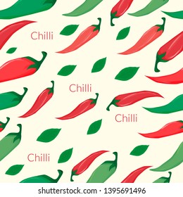 Seamless pattern with different chili peppers, greens and inscriptions on a beige background, bright colorful vegetables.