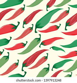 Seamless pattern with different chili peppers, greens  on a beige background, bright colorful vegetables.