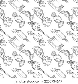 Seamless pattern with different chocolate candies in foil packages, whapping paper in black isolated on white background. Hand drawn vector sketch illustration in doodle engraved vintage outline