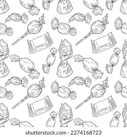 Seamless pattern with different chocolate candies in foil packages, whapping paper in black isolated on white background. Hand drawn vector sketch illustration in doodle engraved vintage outline.