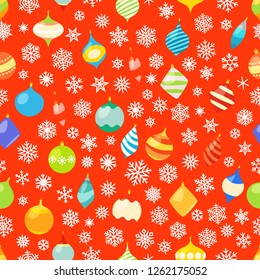 Seamless pattern with different christmas baubles and snowflakes. Christmas wrapping pattern 