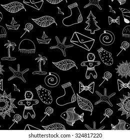 Seamless pattern with different Christmas, beach objects. Vector illustration.