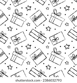 Seamless pattern different Christmas, birthday gifts. Stars, dots.Wrapping paper pattern, bows and ribbons. Hand drawn Doodle Christmas, New Year or Birthday gift boxes. Vector illustration. 