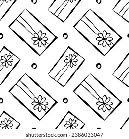 Seamless pattern different Christmas, birthday gifts. Wrapping paper pattern, bows and ribbons. Hand drawn Doodle Christmas, New Year or Birthday gift boxes. Vector line. Top view.