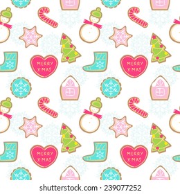 Seamless pattern of different Christmas cookies on white background snowflakes