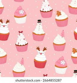 Seamless pattern with different Christmas cupcakes in pink color scheme. Vector graphics.