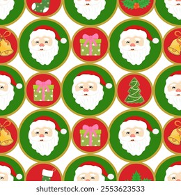 Seamless pattern with different Christmas elements star, hat, on white background vector illustration. For print and design, greeting cards, wrapping paper, fabric, porcelain, bed linen, decor