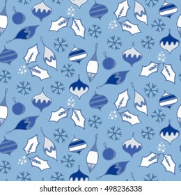 Seamless pattern with different christmas tree toys and snowflakes. Vector illustration