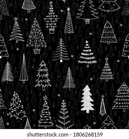 Seamless pattern with different Christmas trees. Black liner rough hand drawing. New Year fir-trees decoration doodle sketch. Can be used  for fabric, phone case and wrapping paper. 

