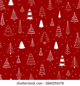 Seamless pattern with different Christmas trees on red background. Can be used  for fabric, phone case and wrapping paper. 

