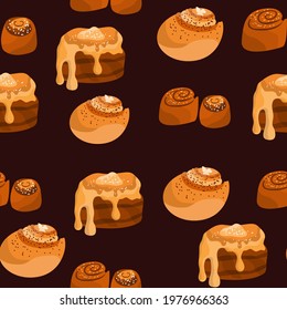 Seamless pattern with different cinnamon rolls on dark background. Cinnabon with sugar, topping, syrup, nuts. Swirl buns. Vector cartoon illustration