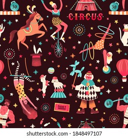 Seamless pattern with different circus artists and trained animals. Flat vector cartoon illustration of cirque performers. Clown, juggler, acrobat and strongman on festive repeatable background