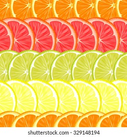 Seamless pattern of different citrus fruits. Orange, grapefruit, lemon, lime.