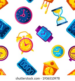 Seamless pattern with different clocks. Stylized icons for design and applications.