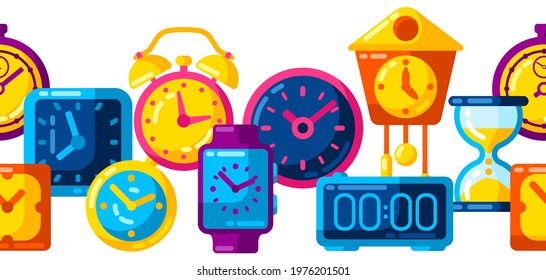 Seamless pattern with different clocks. Stylized icons for design and applications.
