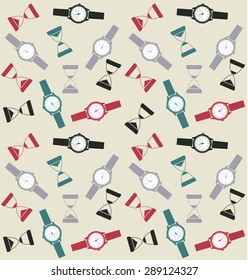 Seamless pattern with different clocks, vector illustration