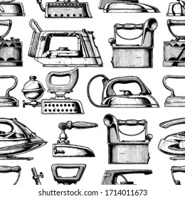 Seamless pattern with different clothes iron. Vector illustration in vintage engraved style.