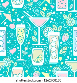 Seamless pattern with different cocktails. Flat style vector illustration. Suitable for wallpaper, wrapping, textile or bar menu design