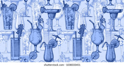 Seamless pattern with different cocktails in glasses goblets. vector  illustration in old fashioned hand drawn style on blue background.