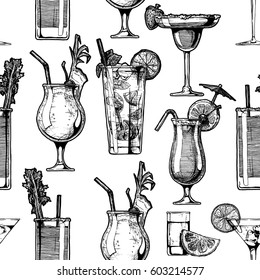 Seamless pattern with different cocktails in glasses goblets. vector  illustration in old fashioned hand drawn style on white background.