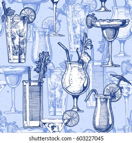 Seamless pattern with different cocktails in glasses goblets. vector  illustration in old fashioned hand drawn style on blue background.