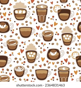 Seamless pattern with different coffee cups. Latte, espresso, cappuccino, affogato, romano. Vector illustration.