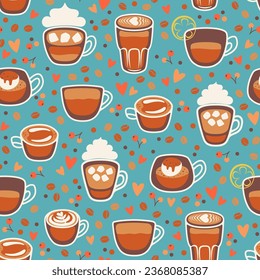 Seamless pattern with different coffee cups. Latte, espresso, cappuccino, affogato, romano. Vector illustration.