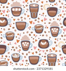 Seamless pattern with different coffee cups. Latte, espresso, cappuccino, affogato, romano. Vector illustration.