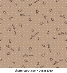 seamless pattern with different coffee cups on background with dots and coffee time words