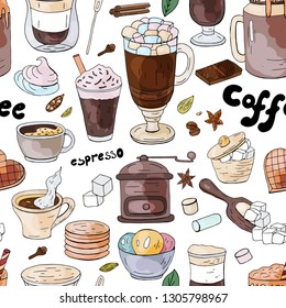 Seamless pattern with different coffee drinks ant sweats on the white background