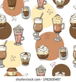 Seamless pattern of different coffee drinks. Hand drawn sketch, vector illustration.