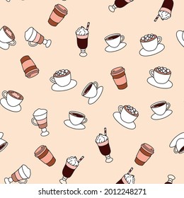 Seamless pattern with different coffee, print for bakery shop products. Doodle style.