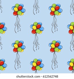 Seamless pattern with different color balloons on blue background. Vector illustration