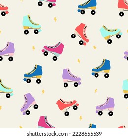 Seamless pattern with different color roller skates. Cute repeated texture with roller skates, lightning. Vintage texture wrapping paper, fabric. Retro hand drawn vector illustration