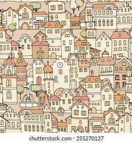 Seamless pattern with different color and shape old houses.Sketch, hand drawn. Facades of variegated buildings in the traditional Dutch style.