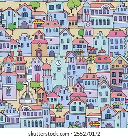 Seamless pattern with different color and shape old houses.Sketch, hand drawn. Facades of variegated buildings in the traditional Dutch style.