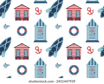 Seamless pattern with different colored beach houses, boat, paddle. Vector illustration of elements for sea holiday, for print, textile, wrapping paper