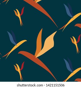 Seamless pattern with different colored birds of abstract shape.