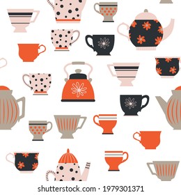 Seamless pattern from different colored cups. Tea, coffee, drinks.
Perfect for wallpapers, gift paper, greeting cards, fabrics, textiles, web designs. Hand-drawn. Vector illustration.