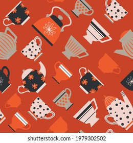 Seamless pattern from different colored cups on a dark orange background. Tea, coffee, drinks.
Perfect for wallpapers, gift paper, greeting cards, fabrics, textiles, web designs. Hand-drawn. Vector il