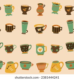 Seamless pattern from different colored cups. Tea, coffee, drinks. Perfect for wallpapers, gift paper, greeting cards, fabrics, textiles, web designs. Hand-drawn. Vector illustration.