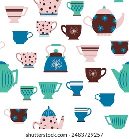 Patrón sin costuras de diferentes copas de colores. Té, café, bebidas. Perfecto para Fondos de pantalla, papel de regalo, tarjetas de felicitación, telas, textiles, Diseños web. Vector de mano