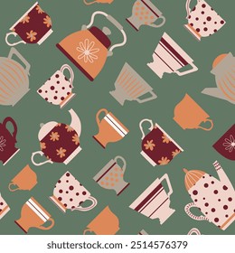 Seamless pattern from different colored cups. Tea, coffee, drinks. Perfect for wallpapers, gift paper, greeting cards, fabrics, textiles, web designs. Hand-drawn. Vector illustration.