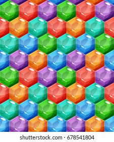 Seamless pattern with different colored hexagon crystals, gemstones, gems, diamonds. Vector gui assets collection in cartoon style for game seamless background design.